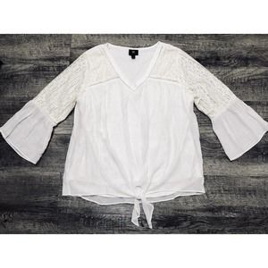 JM COLLECTION Womens Sz L Blouse Ivory Gauze Lined Top Lace Flair Sleeves A8